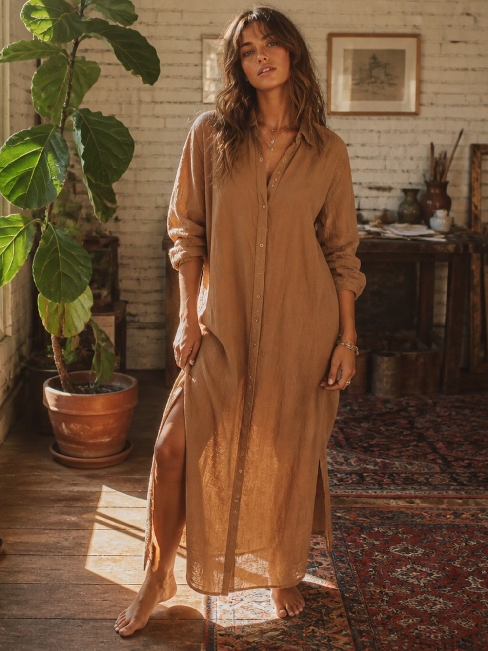 XiRENA Linen Button-Front Maxi Dress - Tan Boden Dress Cotton